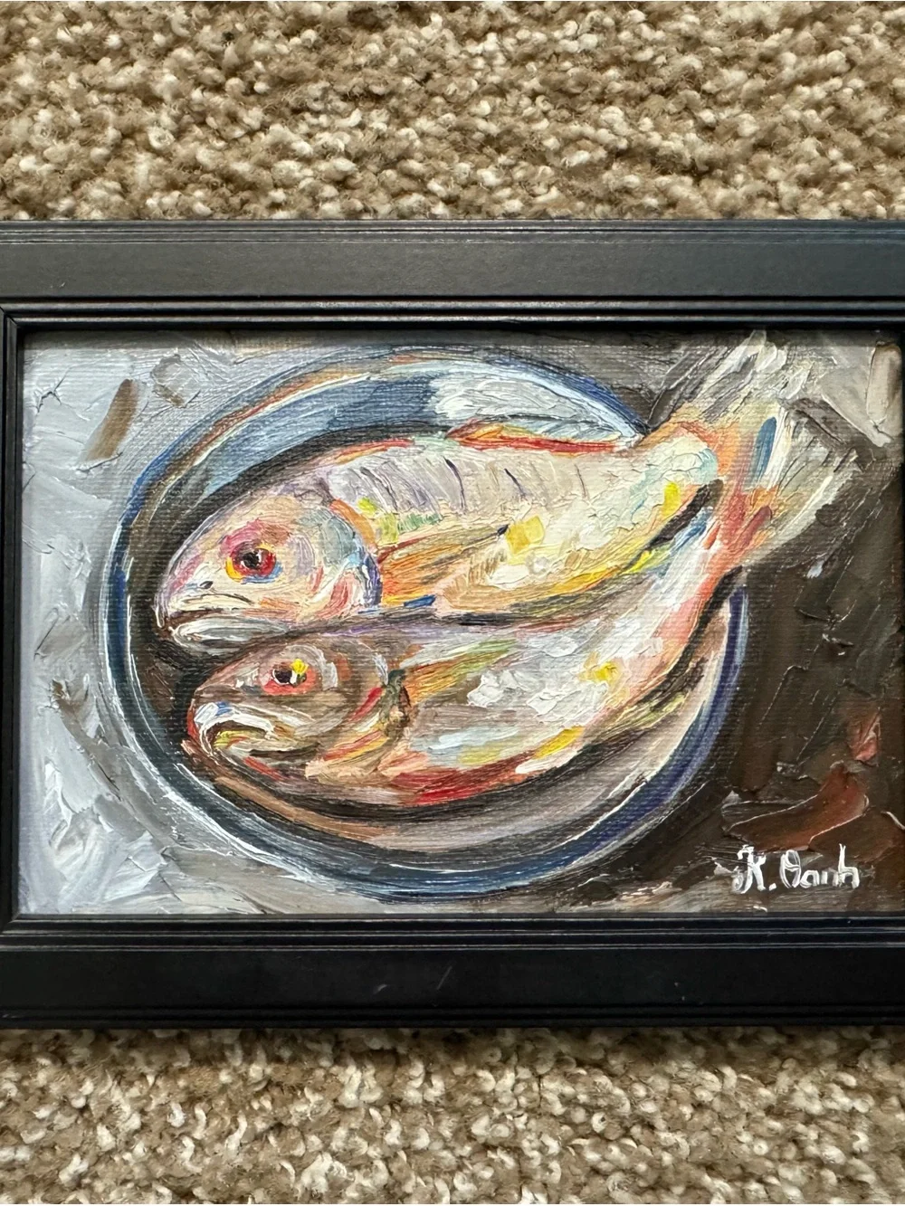 Original oil painting still life fishes signed framed 4x6 inches